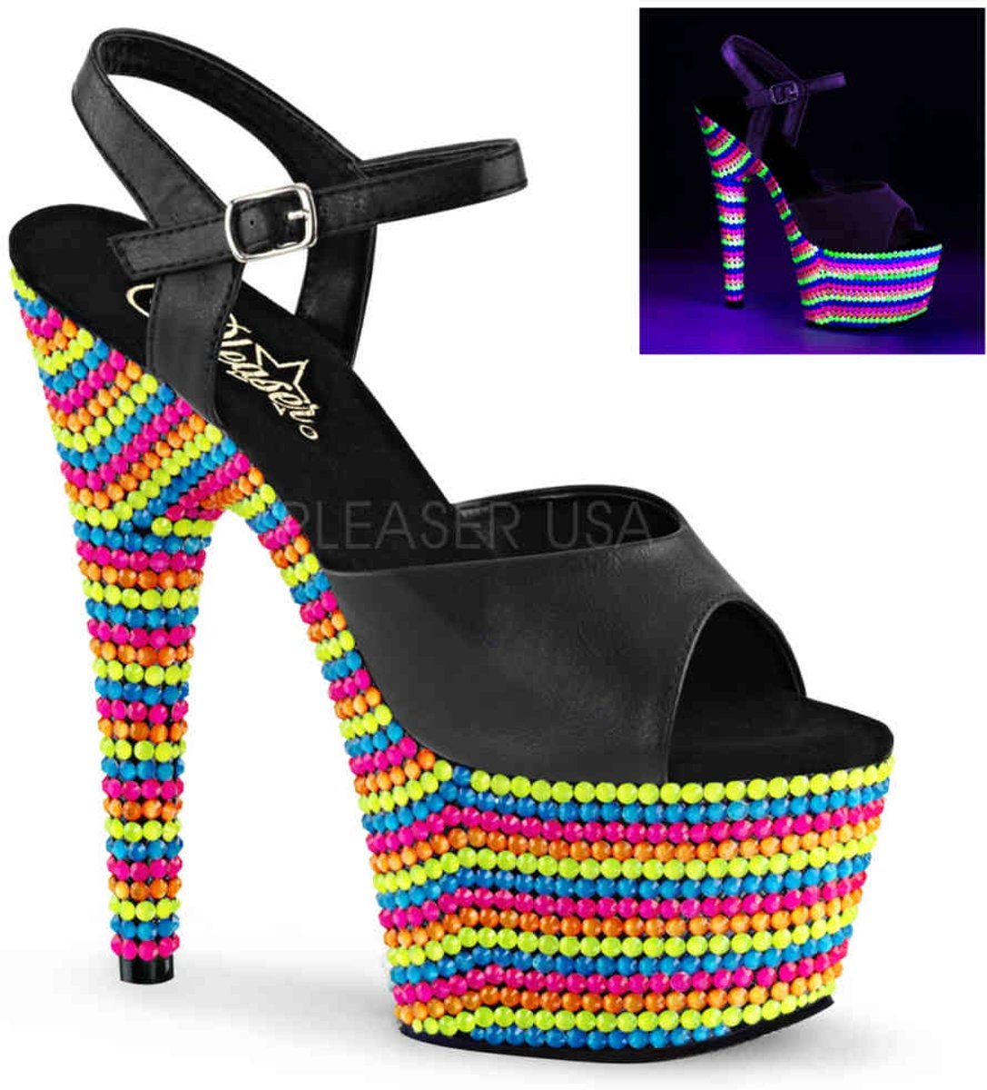 EU 38 = US 8 | ADORE-709RBS | *7 Heel, 2 3/4 PF Ankle Strap Sandal, Neon UV Reactive